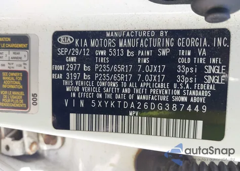 2013 Kia Sorento Lx V6 из США, поврежденный, VIN 5XYKTDA26DG387449